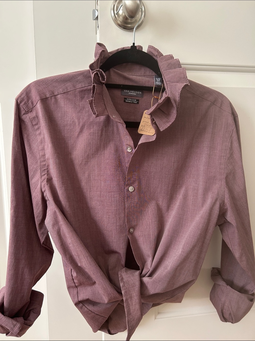 Men's Dusty Mauve shirt recreated ruffle collared shirt for women.